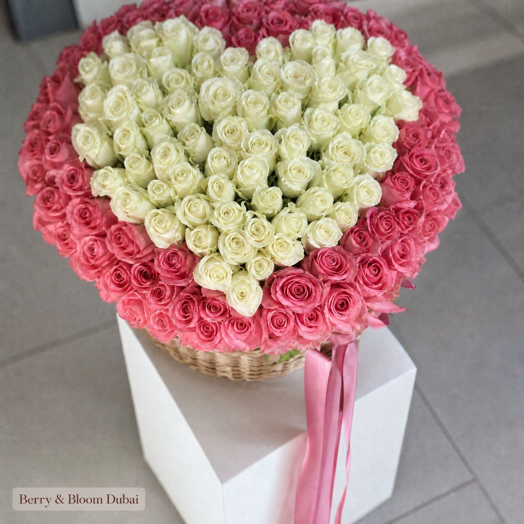 A white rose heart edged in pink, in a wicker basket